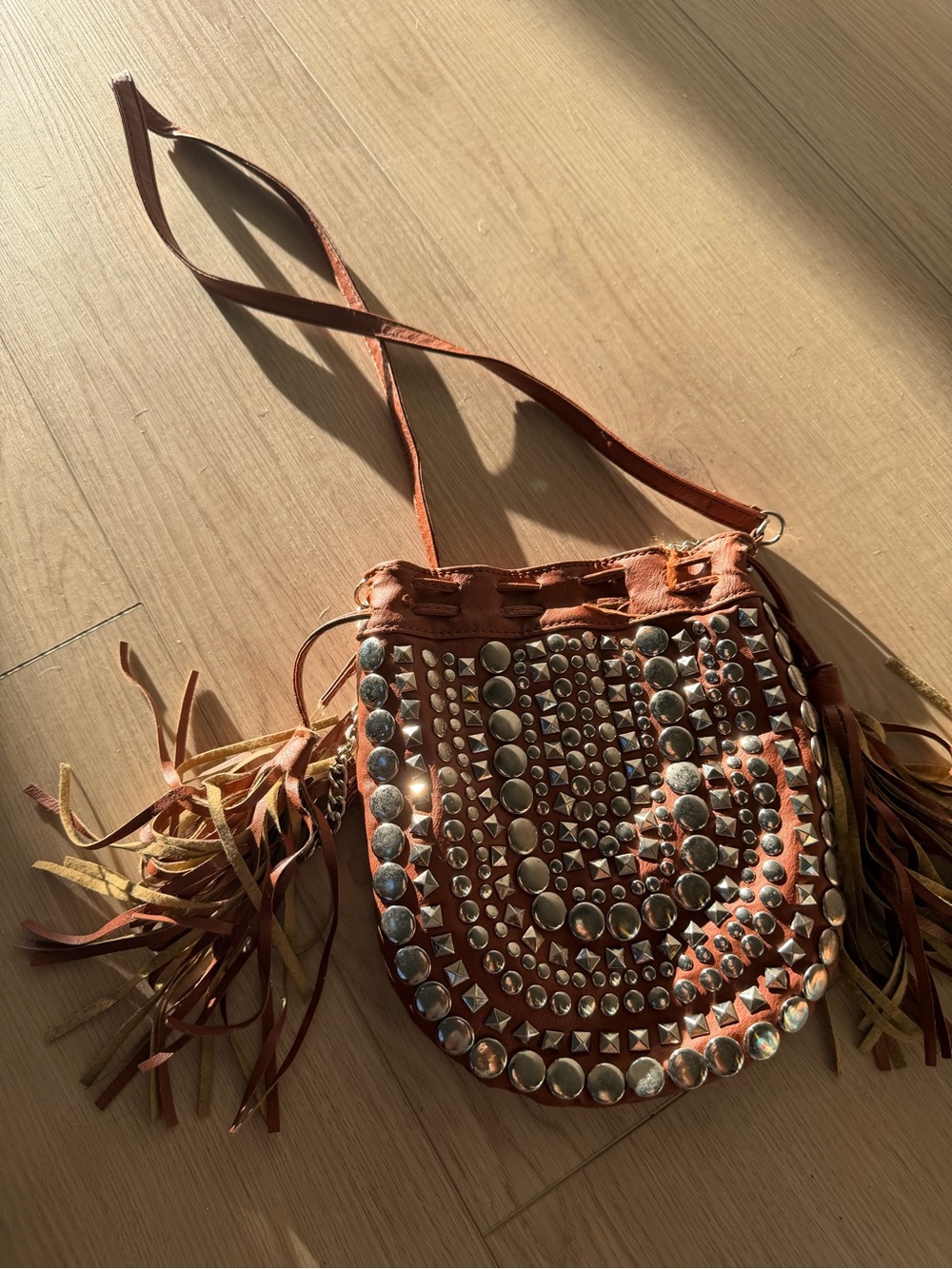 Studded Brown Fringe Crossbody Bag